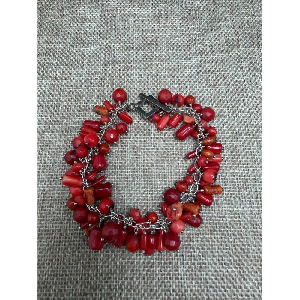 Red Coral Bead Cluster Bracelet Silver Tone Toggle Clasp